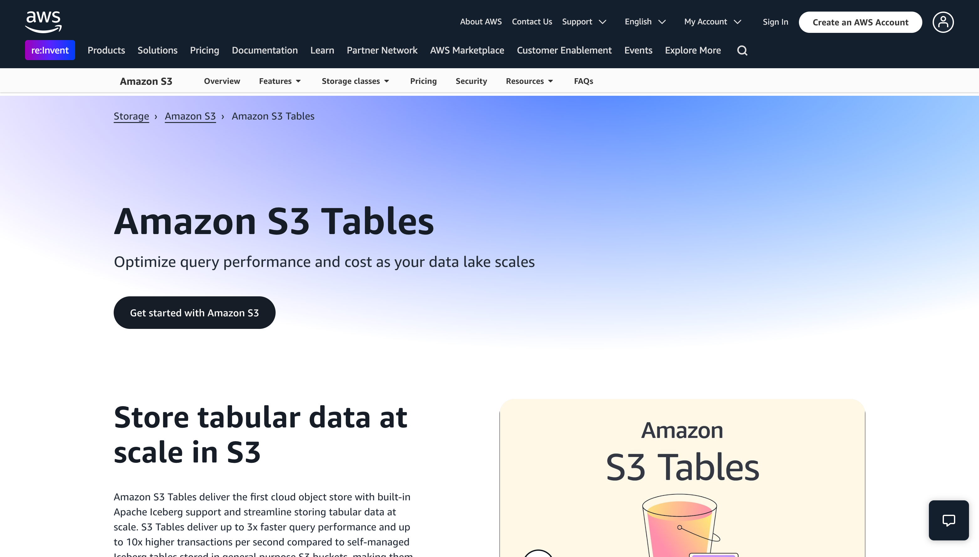 Amazon S3 TablesのWebサイト