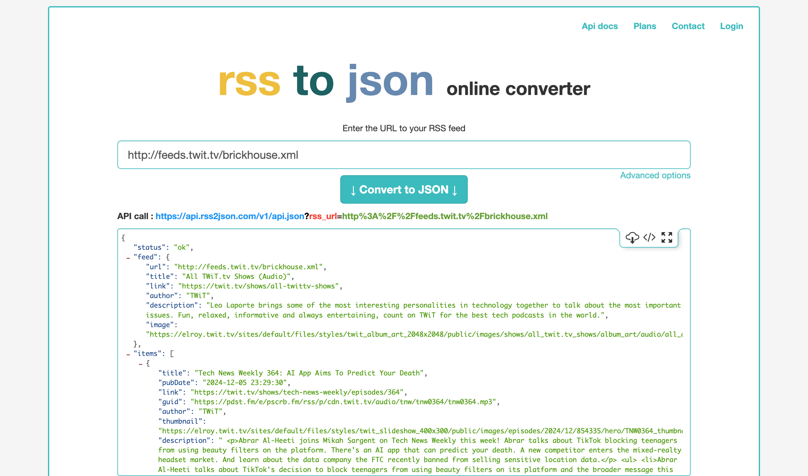 RSS to JSON Converter onlineのWebサイト